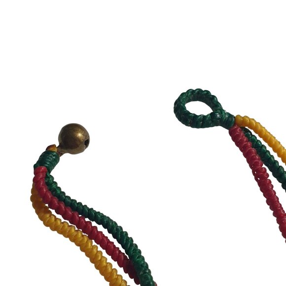 Rasta Colors Woven Rope Bracelet Multistrand Brass Bead Accents Green Red Yellow - Picture 2 of 4